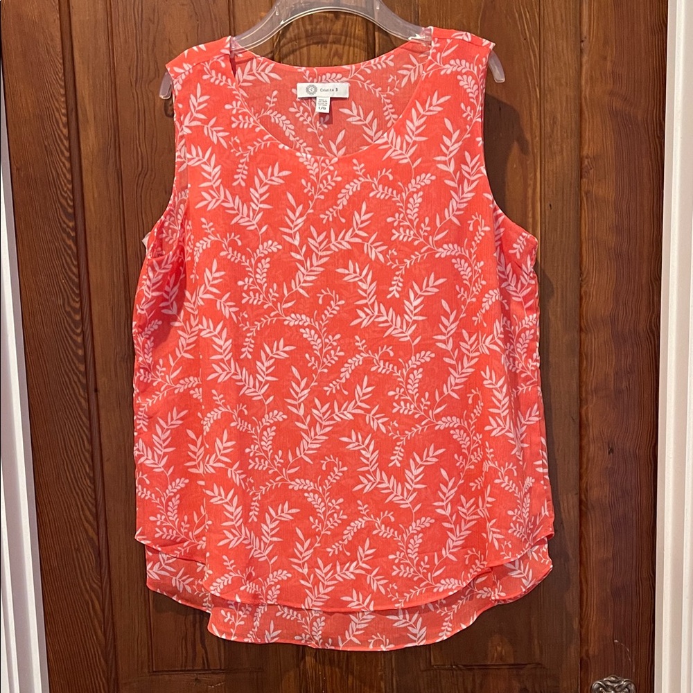 Chic Coral Sleeveless Blouse with White Leaf Pattern